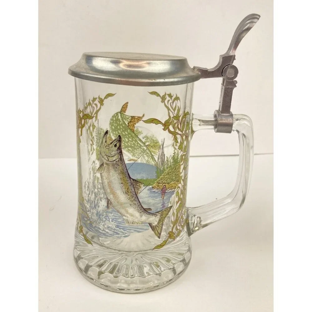 Set of 7 Vtg Glass Beer Stein Silver Top Colored Wildlife Forest Scene 6.5
